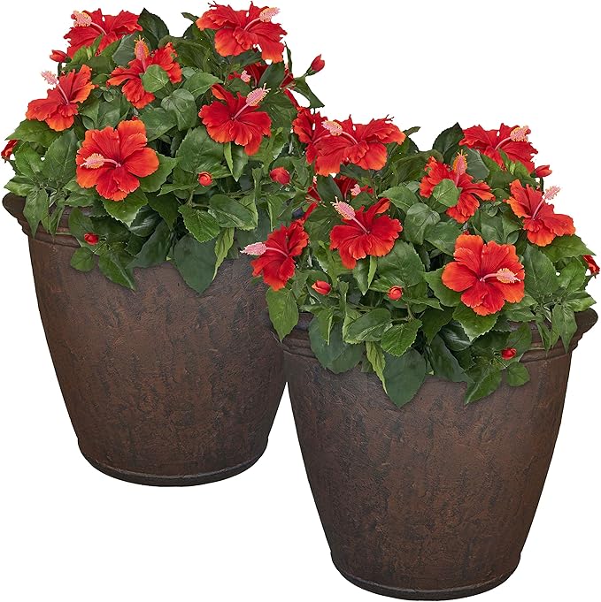 Sunnydaze 24-Inch Anjelica Large Plastic Pot for Plants - Outdoor Double-Walled Large Plastic Planter with Drillable Drainage Holes - Rust - 2pk SunnydazeDecor