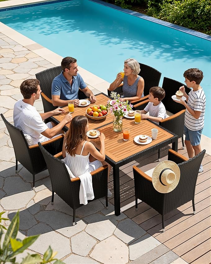 Flamaker 7 Piece Patio Dining Set Outdoor Acacia Wood Table and Chairs with Soft Cushions Wicker Patio Furniture for Deck, Backyard, Garden Flamaker