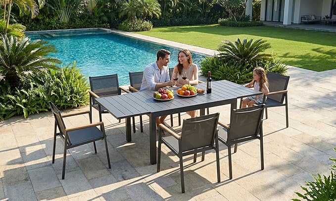 All-Aluminum Expandable Outdoor Patio Dining Table for 4-8 Person, All-Weather Rectangular Outdoor Table(48"-79") with Smooth Cilde Rails & Secure Locking Handle for Garden, Indoor, Gray Oasbira