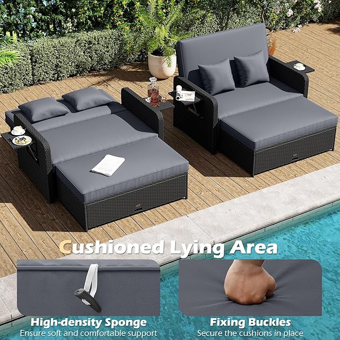 Tangkula Patio Rattan Daybed with 4-Level Adjustable Backrest, Outdoor PE Wicker Loveseat with Storage Ottoman & Folding Side Tray, Double Sunbed Lounger for Balcony, Backyard & Poolside (Grey) TANGKULA