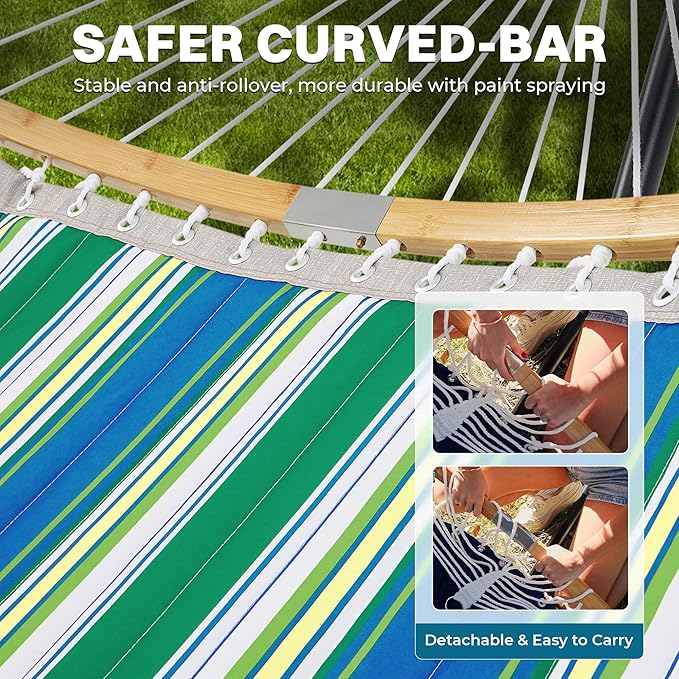 SUPERJARE Curved-Bar Hammock with Stand, 2 Person Heavy Duty Hammock Frame, Detachable Pillow & Portable Carrying Bag, Perfect for Outdoor & Indoor, Green Bold Stripe SUPERJARE