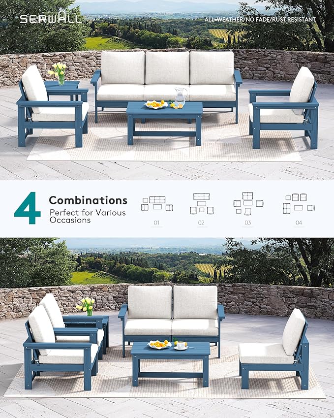 SERWALL HDPE Patio Furniture Set, 7-piece Outdoor Sectional Sofa Set, All Weather Outdoor Couch Set for Deck, Lawn, Blue Frame with Khaki Cushion SERWALL