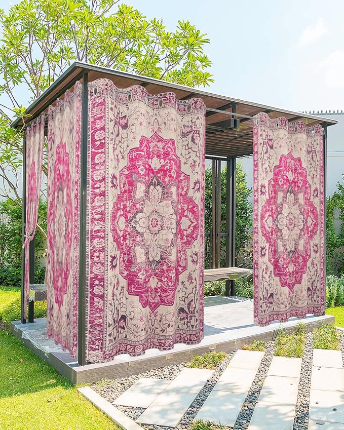 Pink Bohemian Outdoor Curtains for Patio Waterproof, Grommet Privacy Curtain Drapes Weatherproof Outside Curtains for Porch GazeboPergola Cabana 2 Panel 54x84inch Medallion Floral Geometric Printed Rootora