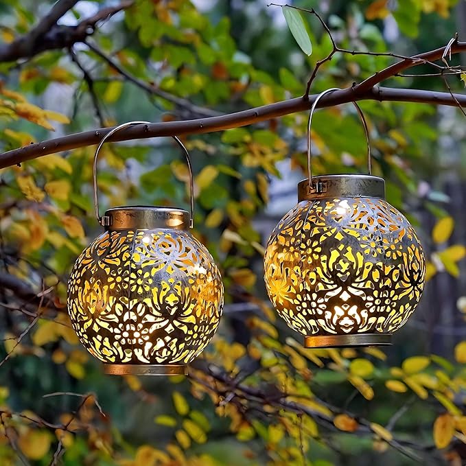 2 Pack Outdoor Solar Hanging Lantern Lights Metal LED Decorative Lamp for Garden Patio Courtyard Lawn and Table with Hollowed-Out Design (Antique Bronze) ExcMark