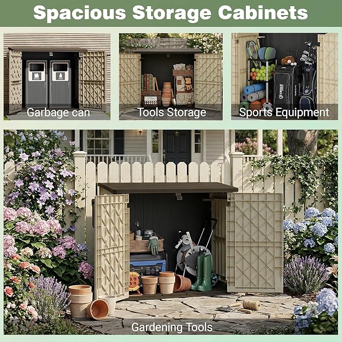 LHBcraft Waterproof Outdoor Storage Box 36 Cu Ft with Lockable Doors, Portable Horizontal Resin Storage Shed, Easy to Assemble, Outdoor Storage Cabinet for Backyards, Brown-Beige LHBcraft