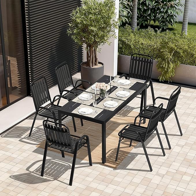 Pamapic Outdoor Dining Sets for 6, Rectangular Steel Slat Table with 6 Plastic Chairs, 7 Piece Patio Table and Chairs Set with Adjustable Umbrella Hole for Garden, Backyard, Poolside (Black) Pamapic