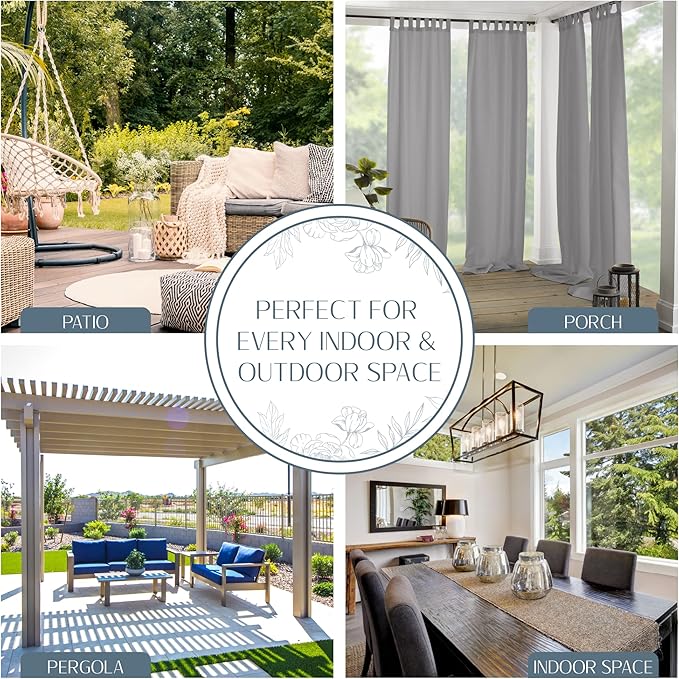 Elrene Home Fashions Matine Weatherproof Tab-Top Indoor/Outdoor Solid Color Curtain Panel for Porch, Pergola, Patio, Deck, 52”W x 95”L, Gray ElreneHomeFashions