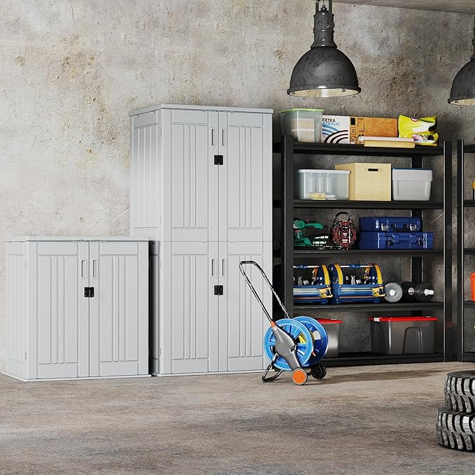 EHHLY Heavy Duty Small Storage Cabinet Outdoor Weatherproof, 14 Cuft Garage Storage Cabinet with 2 Adjustable Shelves, Lockable Kitchen Pantry Closer Organizer, 31Wx23Lx34H, Polar White EHHLY