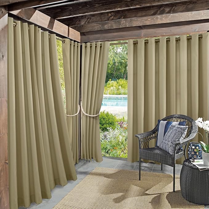 Sun Zero Marina Indoor/Outdoor UV Protectant Energy Efficient Grommet Curtain Panel, 54" x 95", Khaki SunZero%E2%84%A2