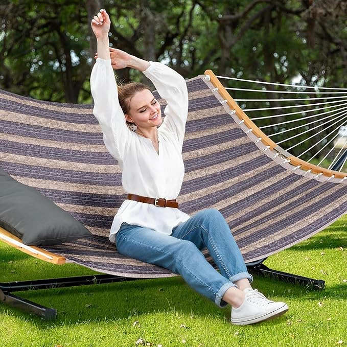 SUNCREAT Hammocks for Outside with Stand Included, Double Hammock with Curved Spreader Bar, Carrying Bag, Gray Stripes SUNCREAT
