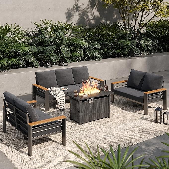 Aoxun Aluminum Outdoor Patio Furniture Set, 7 Seats Outdoor Sectional with Fire Pit Table, Patio Conversation Sets with Upgraded Armrests and Cushions for Backyard, Garden and Poolside（Dark Grey） Aoxun