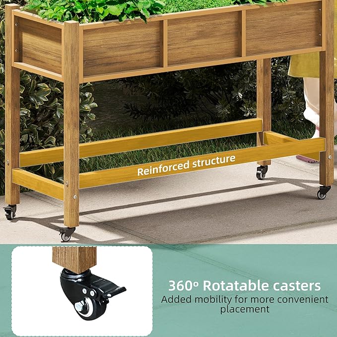 YITAHOME Raised Garden Bed HDPE, 47x18x31In Poly-Wood Weather-Resistant Raised Flower Bed, Elevated Planter Box with Lockable Wheels for Vegetables, Brown YITAHOME