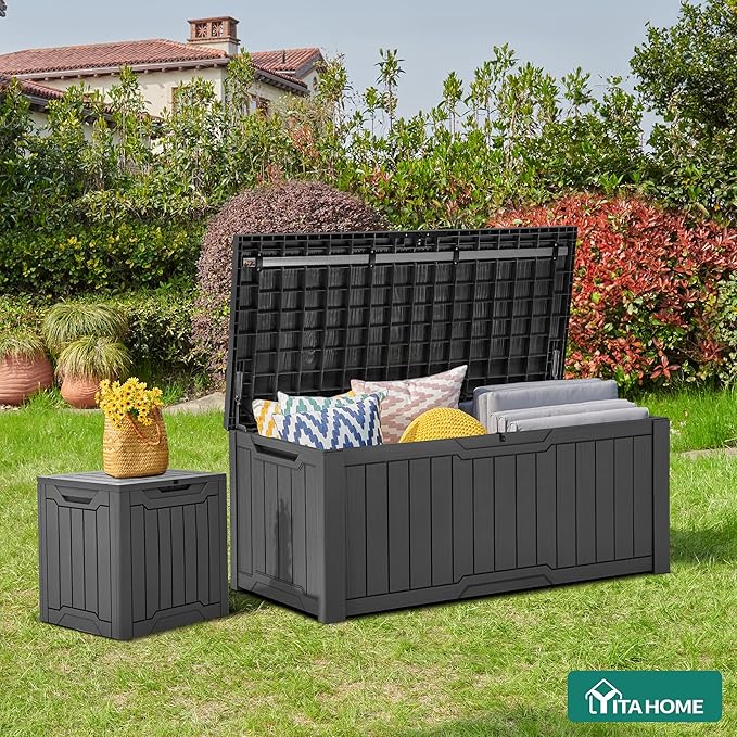 YITAHOME 120 Gallon Outdoor Storage Deck Box, Large Resin Patio Storage for Outdoor Pillows, Garden Tools and Pool Supplies, Waterproof, Lockable, (Dark Grey) YITAHOME
