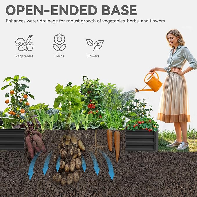 YITAHOME 144x48x12 in Galvanized Raised Garden Bed Kit, Large Metal Planter Box with Gloves, Safety Rubber & Support Rod, Outdoor Flower Bed for Plants Vegetables, Black YITAHOME
