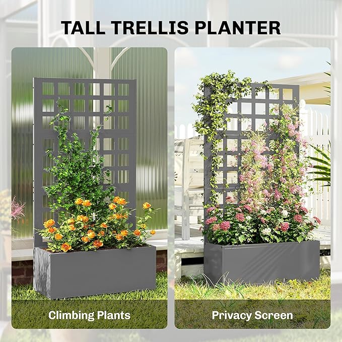 Outsunny Galvanized Raised Garden Bed with Trellis, Metal Planter Box with Drainage Holes, Outdoor Privacy Screen for Climbing Plants, Vegetable, Vines, 24" x 9" x 44.5", Gray Outsunny