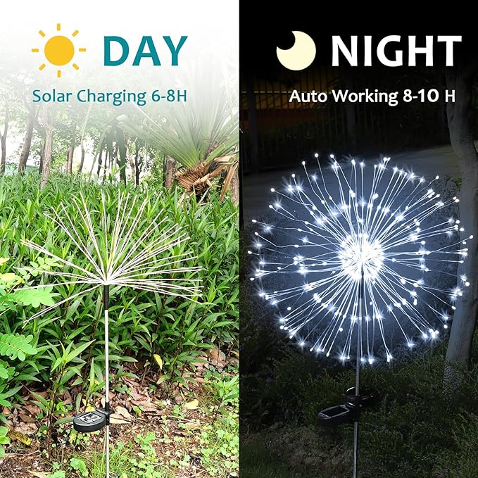 JJGoo Solar Firework Lights, 2 Pack 135 LEDs 2 Lighting Modes Solar Lights Outdoor Waterproof for Garden Patio Walkway Pathway Party Wedding Christmas Decorative - White JJGoo