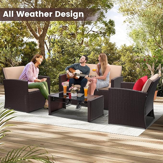 4-Piece Patio Furniture Set, Wicker Outdoor Rattan Sectional Sofa with Cushions and Glass Table, All-Weather Outdoor Conversation Set, Ideal for Garden, Porch, Backyard, Beige KROFEM
