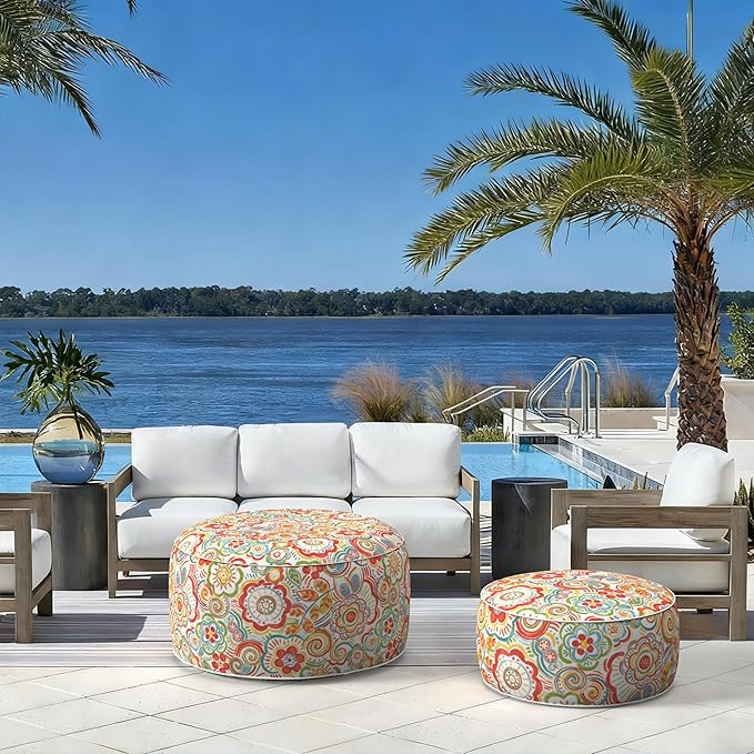 LVTXIII Indoor/Outdoor Inflatable Ottoman with Handle D21 x H9 Inch, Weather-Resistant Round Footstool Pouf for Patio Camping Living Room, Portable Footrest Extra Seating, Flower Multi LVTXIII
