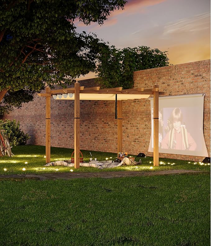 10 x 10 ft Aluminum Pergola with Adjustable Canopy, Outdoor Metal Pergola, Imitation Wood-Grain Sun Shade Shelter for Garden Patio Backyard Deck BouPower