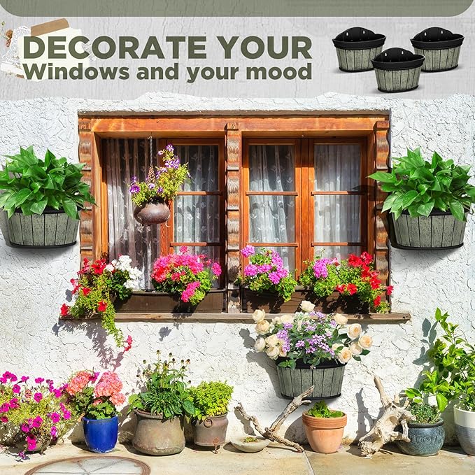 Layhit 6 Pcs Wall Hanging Planters Outdoor Pot Planter Wine Barrel Planter Distressed Oak Thickened Plastic Water Storage Flower Pots for Flower Indoor Outdoor(10 Inches,Grey Green, Brown, Black) ShungLan
