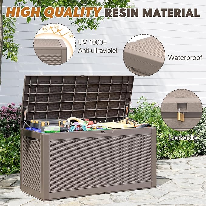 Outdoor Storage Box, Resin Deck Boxes Indoor and outdoor, Waterproof Storage Box Lockable Lid (Grey, 110 Gallon) NBYSGO