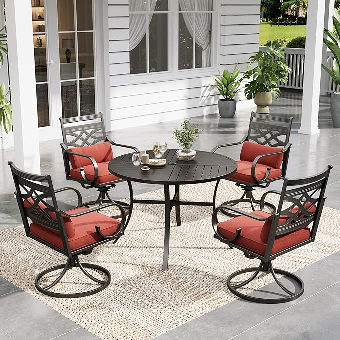 Sophia and William Swivel Outdoor Patio Dining Set for 4, Outdoor Table and Chairs, Removable Seat Cushions, Black 42" Round Patio Dining Table,Red SophiaWilliam