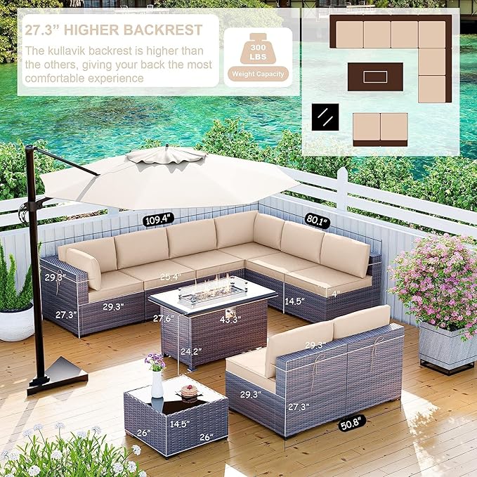 Kullavik 10 Pieces Outdoor Patio Furniture Set with 43" 55000BTU Gas Propane Fire Pit Table PE Wicker Rattan Sectional Sofa Patio Conversation Sets,Khaki KULLAVIK