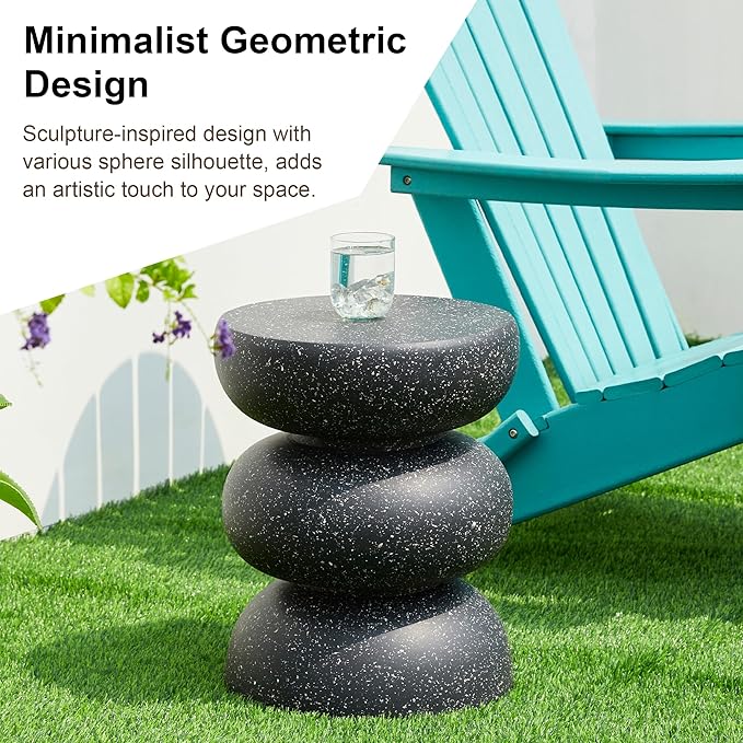 Glitzhome Outdoor Side Table, 18" H Decorative Garden Stool MGO Faux Terrazzo End Table, Heavy Duty Indoor Outdoor Round Planter Stand for Living Room Bedroom Patio Deck Poolside,Black Glitzhome