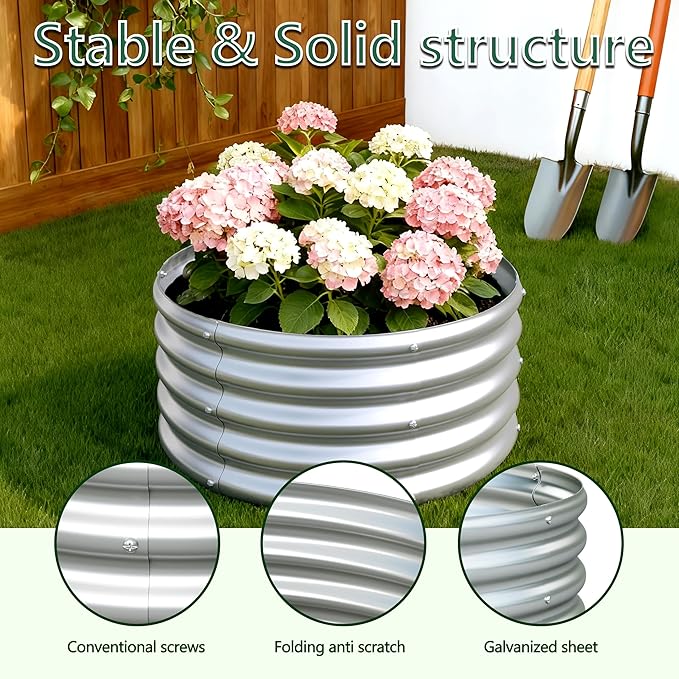 2PCS 2x2x1FT Galvanized Raised Garden Bed Kit,Vegetable Boxes-Round Metal Flower Box,Large Planter Raised Beds Outdoor Garden for Planting,Fruit,Herb-Silver Yortrek