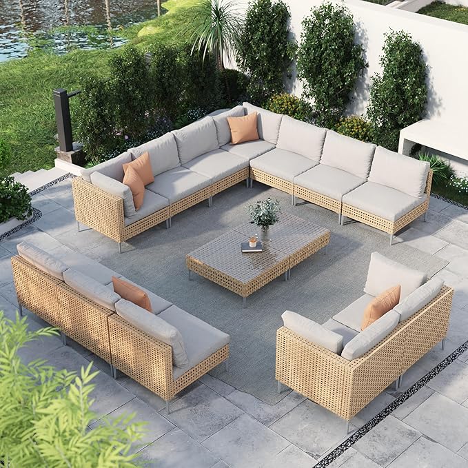 Grand patio 14-Piece Wicker Patio Furniture Set, Boho Outdoor Conversation Set Sectional Sofa with Water Resistant Beige Thick Cushions and Coffee Table, Cream GrandPatio