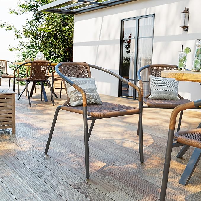 Amopatio Outdoor Dining Chairs Set of 6, Rattan Wicker Patio Chairs, Stackable Indoor-Outdoor Chairs, Bistro, Deck, Yard, Porch, 6 Pack, Brown Amopatio