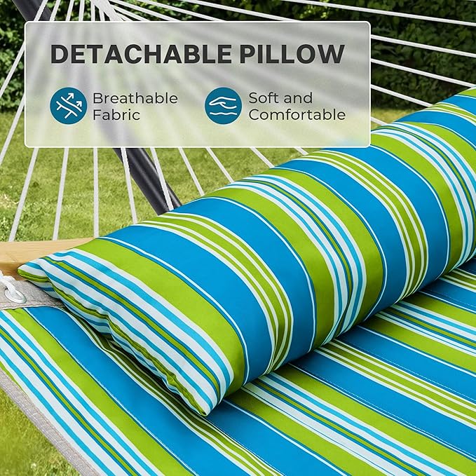SUPERJARE Curved-Bar Hammock with Stand, 2 Person Heavy Duty Hammock Frame, Detachable Pillow & Portable Carrying Bag, Perfect for Outdoor & Indoor, Thin Blue and Green Stripes SUPERJARE