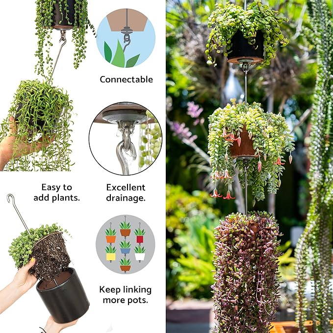 — Three Pack, Pot Hanger Kits + Accessories - Hang and Connect Your Clay Pots, Stainless Steel - Indoor Outdoor - Connectable Hanging Planter Vertical Garden w/Drainage for Healthy Plants SkyPots