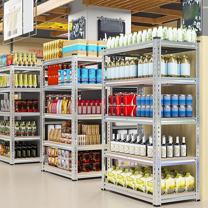REIBII Garage Shelving, 5 Tier Storage Shelves Load 2400LBS, Adjustable Garage Shelves Heavy Duty, Metal Shelving Unit with Waterproof Columns for Warehouse, 35.5" W x 11.9" D x 72" H, Galvanized REIBII