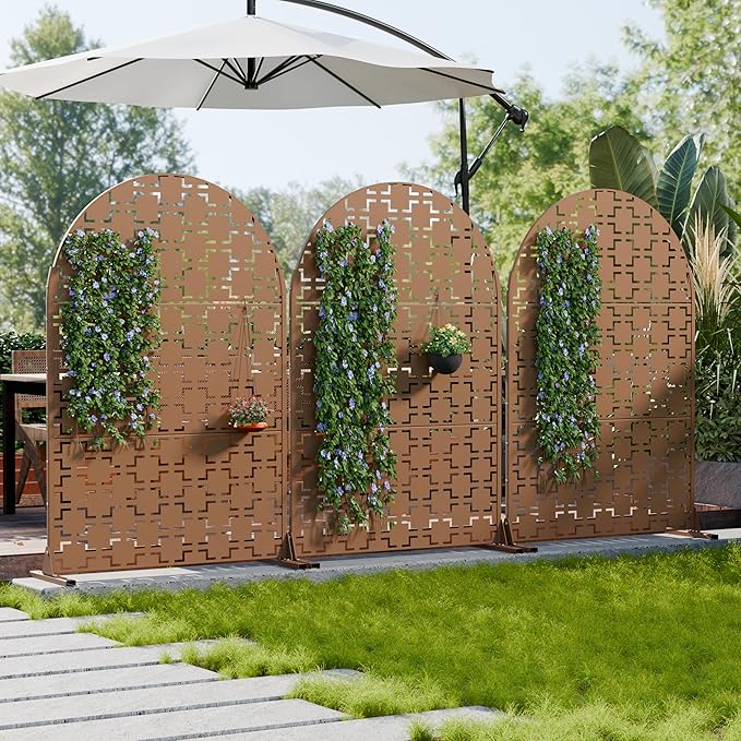 Casaphoria 72" H x 47" W Arched Metal Privacy Screen - Elegant Freestanding Outdoor Screen for Deck, Patio & Balcony - Versatile Decorative Privacy Panels for Home & Garden Use (Brown-Square) Casaphoria