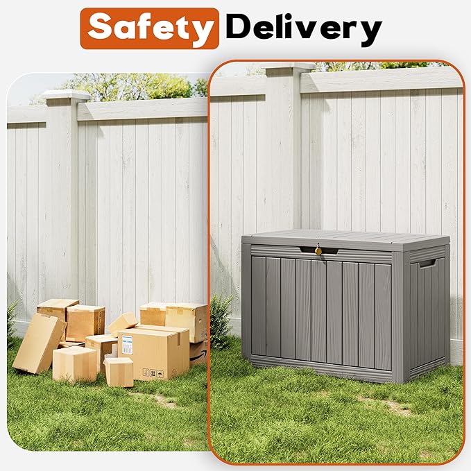 Outdoor Storage Box, Resin Deck Boxes Indoor and outdoor, Waterproof Storage Box Lockable Lid (Grey, 50 Gallon) NBYSGO