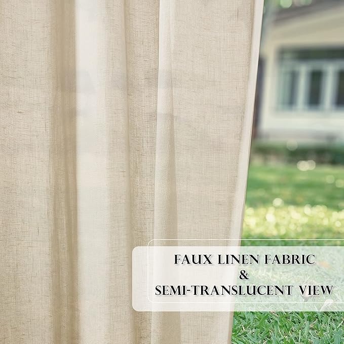 RYB HOME Outdoor Linen Curtains for Porch Waterproof Light & Airy Faux Linen Textured Drape for Balcony Backyard Cabana, 52 Inch Wide by 96 Inch Length, Beige, 2 Pieces RYBHOME
