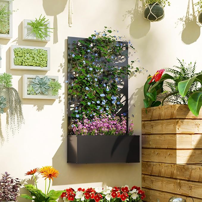 Outsunny Metal Raised Garden Bed with Trellis for Climbing Plants, Freestanding or Wall Mounted Flower Bed with Privacy Panel, Twigs and Leaves Cut-Outs Outdoor Planter Box for Garden, Patio, Balcony Outsunny