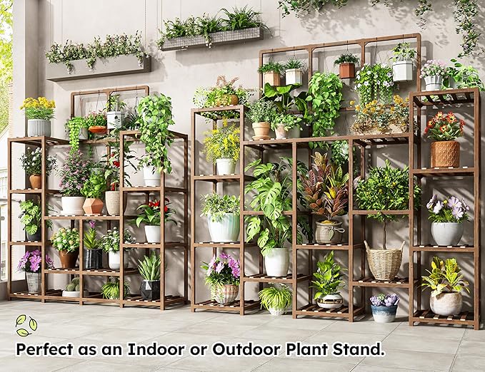 EnHomee Plant Stand Indoor Wood Plant Stand Outdoor Tiered Plant Shelf for Multiple 16-21 Potted Plants for Living Room Patio Balcony Yard Garden 44.9" W x 11.8" D x 62.2" H EnHomee
