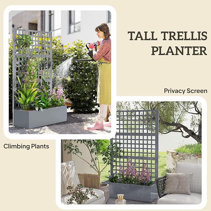 Outsunny Galvanized Raised Garden Bed with Trellis, Metal Planter Box with Drainage Holes, Outdoor Privacy Screen for Climbing Plants, Vegetable, Vines, 43" x 16" x 70", 2 Pack, Gray Wood Effect Outsunny