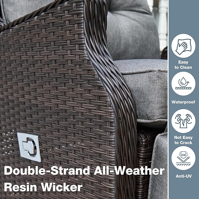 Outdoor Indoor Wicker Recliner with Adjustable Back and Footrest, Patio Reclining Chair with Flip-up Table, Outdoor Rattan Lounge Chair, Grey 2PCS COMLAXFIELD