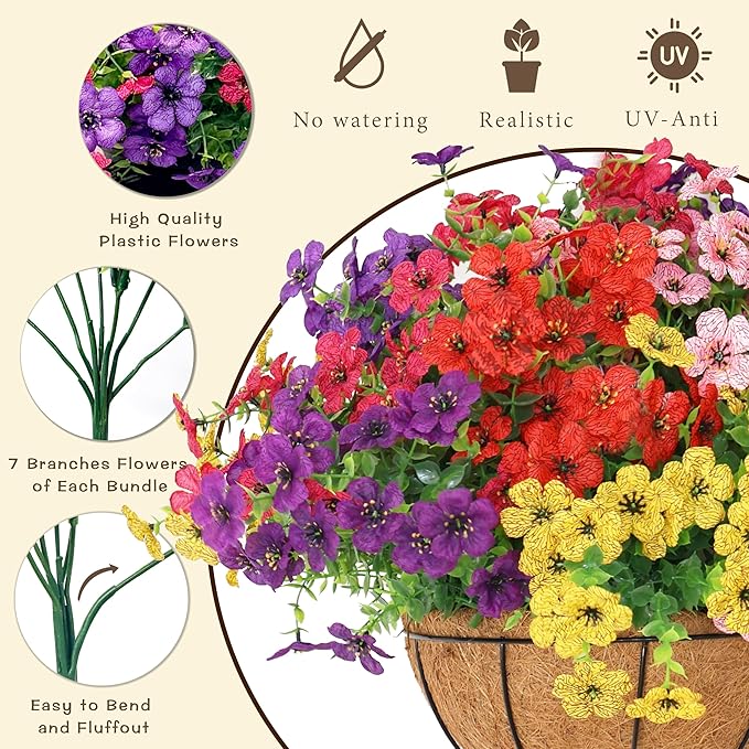 Senjie 12 Bundles Artificial Hanging Flowers with Basket for Outdoor Decor, UV Resistant Faux Flowers Fake Hanging Planter for Porch Patio Balcony Senjie