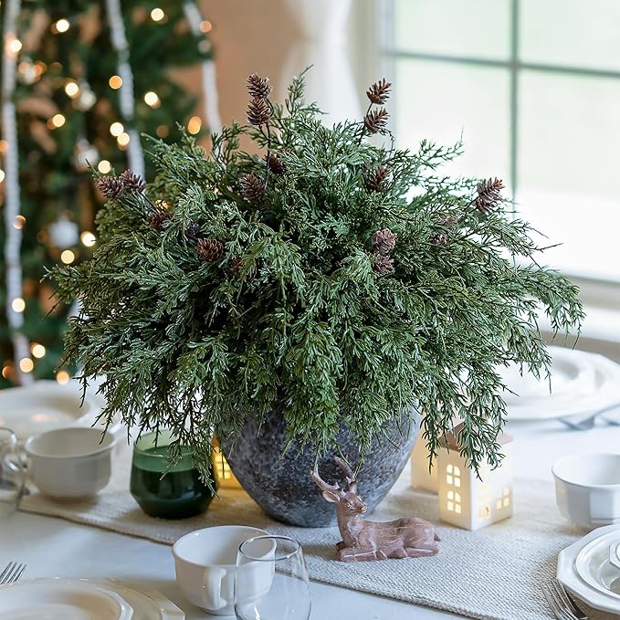 Faux Cedar Stems Artificial Norfolk Pine Branches for Christmas Decor, 12 PCS Fake Pine Stems with 2 PCS Pine Cones Branches Real Touch Realistic Faux Greenery for Vases DIY Garland Xmas Table Indoor Ivydale