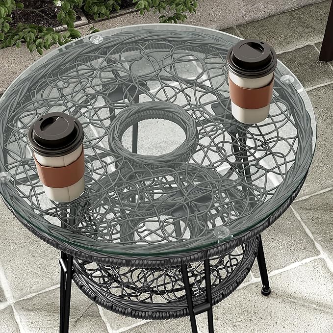 Furniture of America Ysar Boho 19-inch Round Coffee Table Outdoor with Tempered Glass Top and Metal Frame, Handcrafted Coastal Furniture for Patio, Poolside, Garden, Yard, Black FurnitureofAmerica