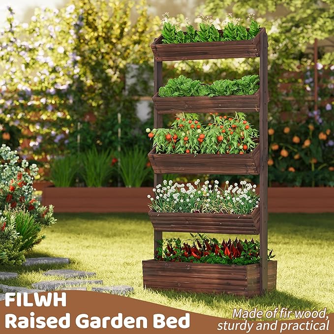 FILWH Wooden Raised Garden Bed Vertical Planter Box, Freestanding Plant Stand for Indoor Outdoor Plants, Herbs, Flowers, Vegetables, Gardening (Carbonized, 5-Tier，29.9 x 17.9 x 68in) FILWH