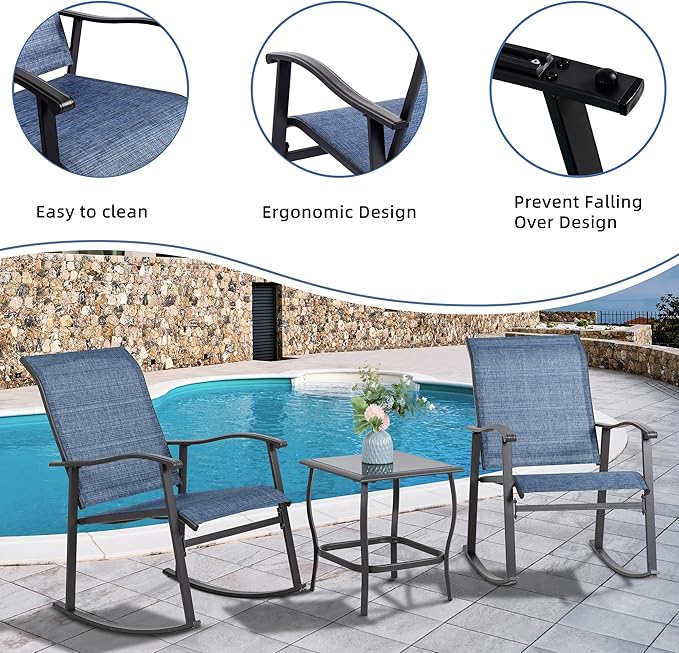 Vongrasig 3 Piece Outdoor Rocking Bistro Set, Textilene Fabric Small Patio Furniture Set, Front Porch Rocker Chairs Conversation Set with Glass Table for Lawn, Garden, Balcony, Poolside (Denim Blue) Vongrasig