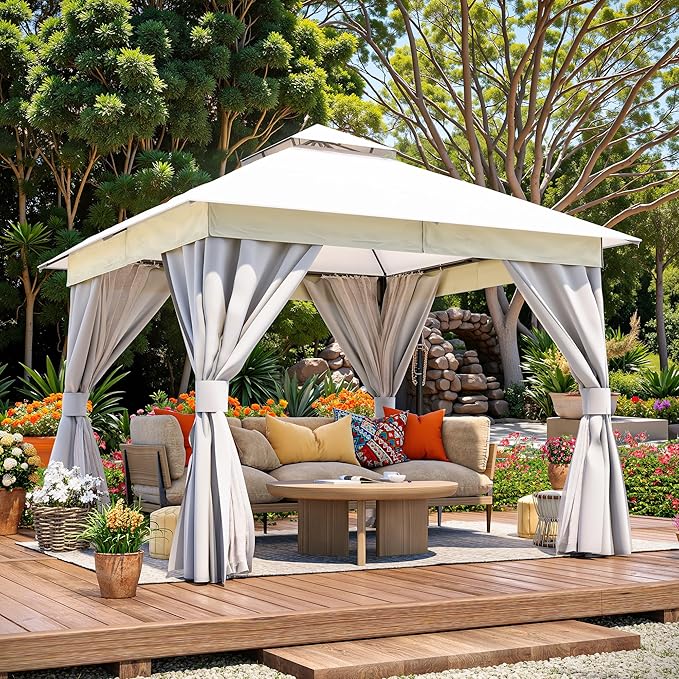 LAUSAINT HOME Semi-Permanent Outdoor Patio Gazebo 10'x10', Heavy Duty Party Tent Shelter with Double Roofs, Mosquito Nettings and Privacy Screens for Backyard, Garden, Lawn, Cream White LAUSAINTHOME