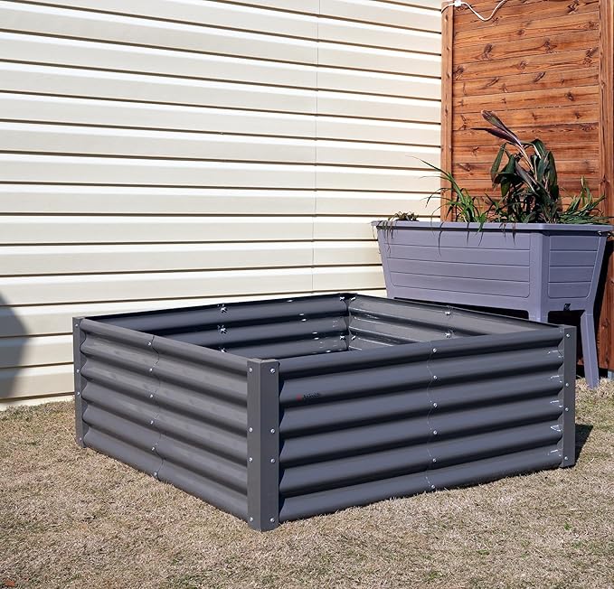 A ANLEOLIFE Set of 6, 18 Inch Tall Quartz Grey Raised Garden Beds Kit, Rectangular & Square Metal Planters for Structured Garden Layouts AAnleolife
