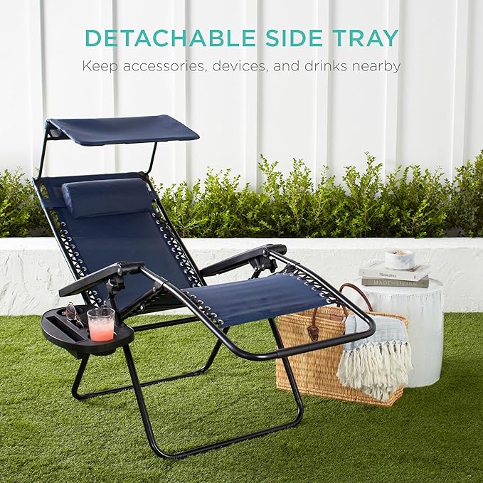Best Choice Products Folding Zero Gravity Outdoor Recliner Patio Lounge Chair w/Adjustable Canopy Shade, Headrest, Side Accessory Tray, Textilene Mesh - Navy BestChoiceProducts