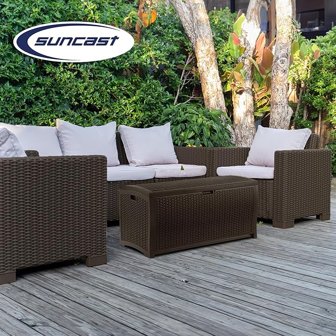 Suncast Outdoor Storage Box - 73 Gallon Mocha Brown Deck Box for Patio, Waterproof Outdoor Storage Bench, Resin Wicker Style, Heavy-Duty, Lockable Lid for Cushions, Shoes, Pool & Garden Gear Suncast